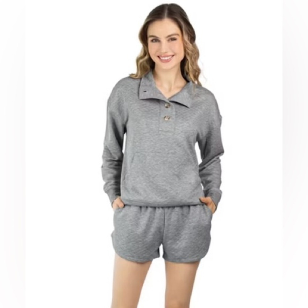 Woman’s 2pc Woman’s Quilted Pajamas Set XL Grey Lounge Top & Shorts Pockets New